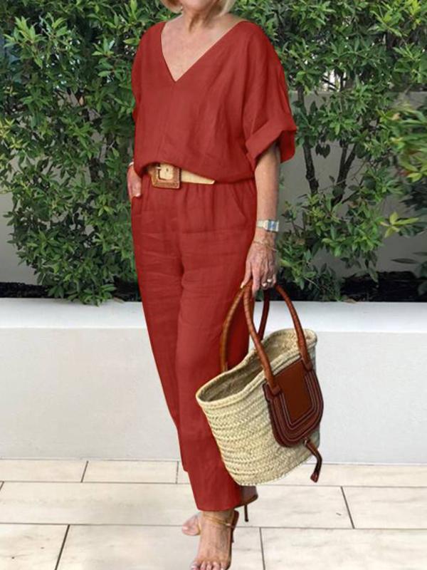 Women's V-Neck Blouse and Trousers Set in Cotton and Linen