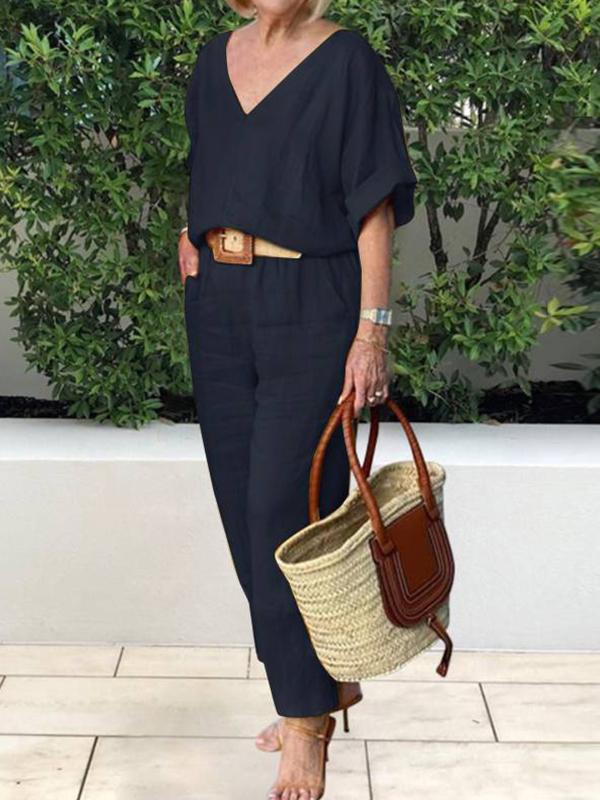 Women's V-Neck Blouse and Trousers Set in Cotton and Linen
