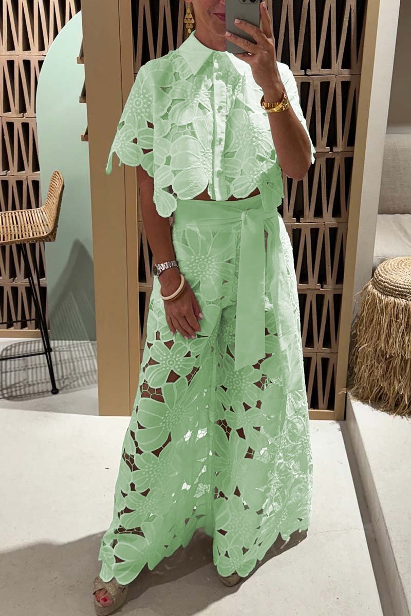 Lace Blouse and Wide Leg Trousers Set for Women