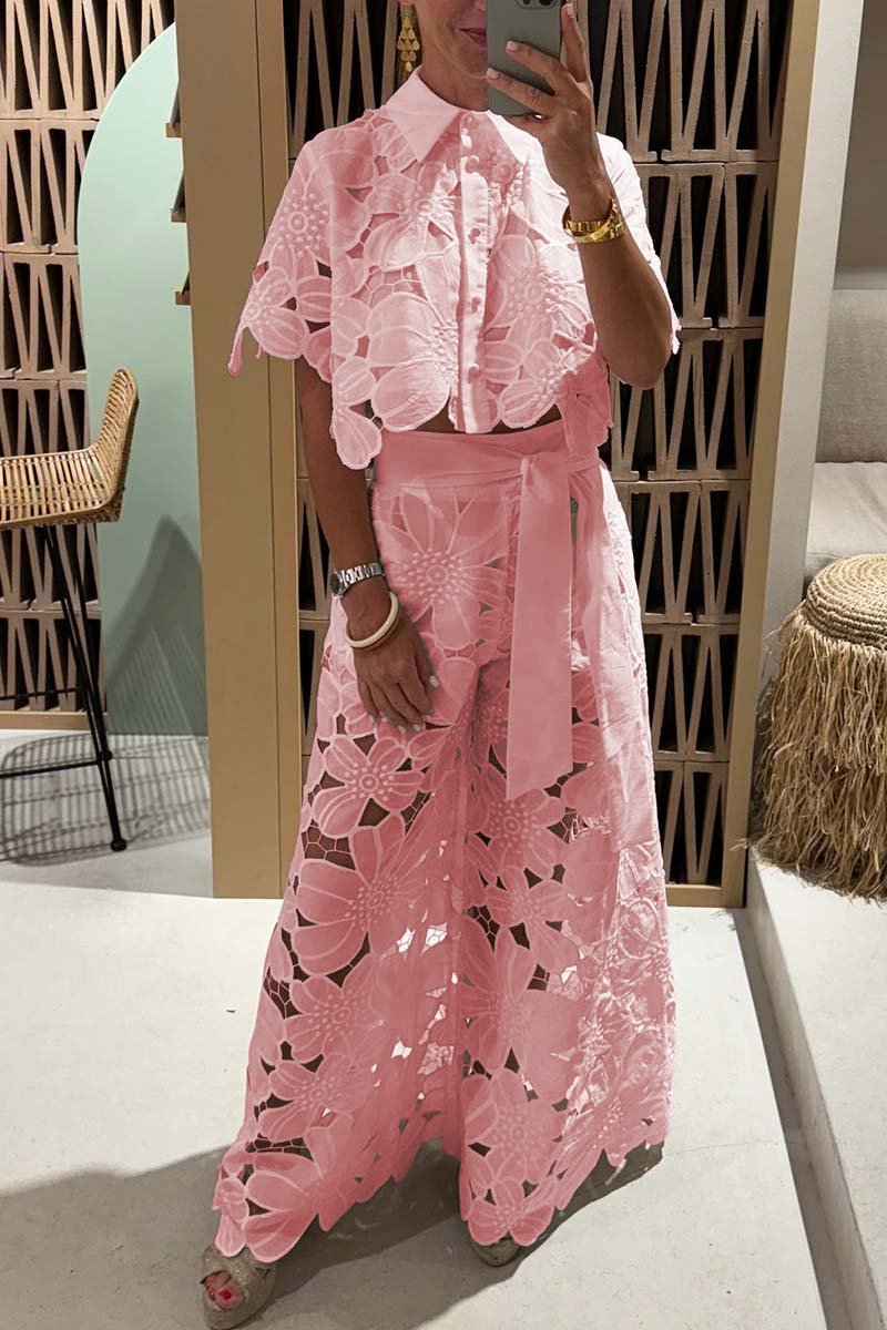 Lace Blouse and Wide Leg Trousers Set for Women
