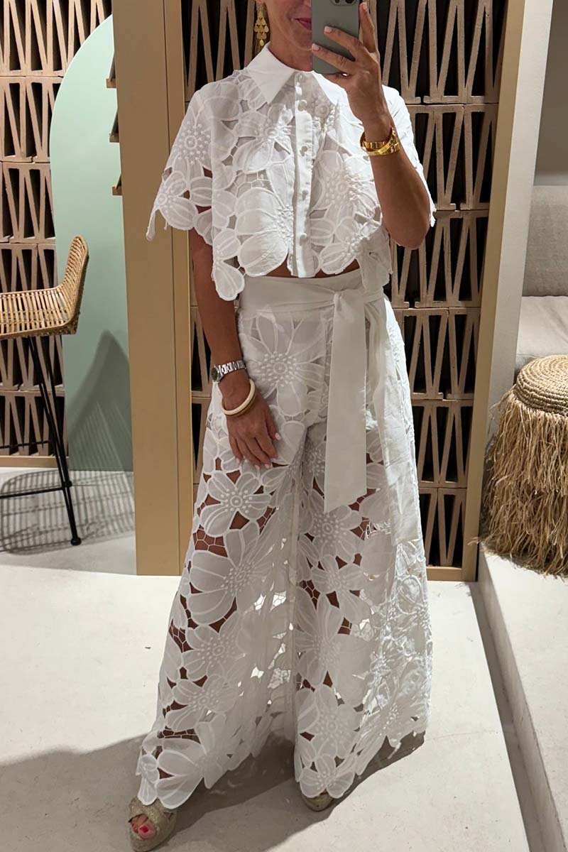 Lace Blouse and Wide Leg Trousers Set for Women