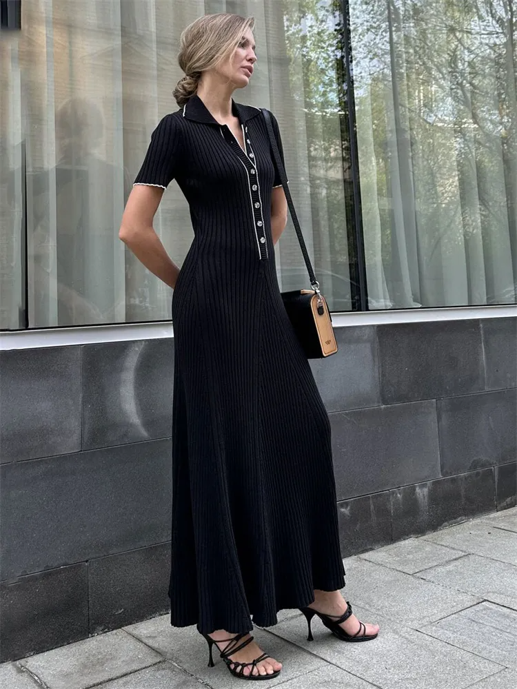 V-Neck Mesh Dress with Button Details