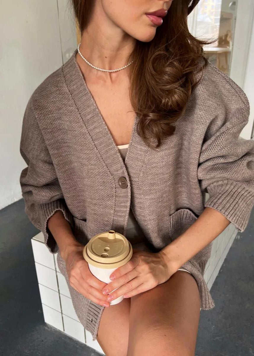 Women’s Oversized Knit Cardigan – V-Neck, Button Front, Long Sleeve