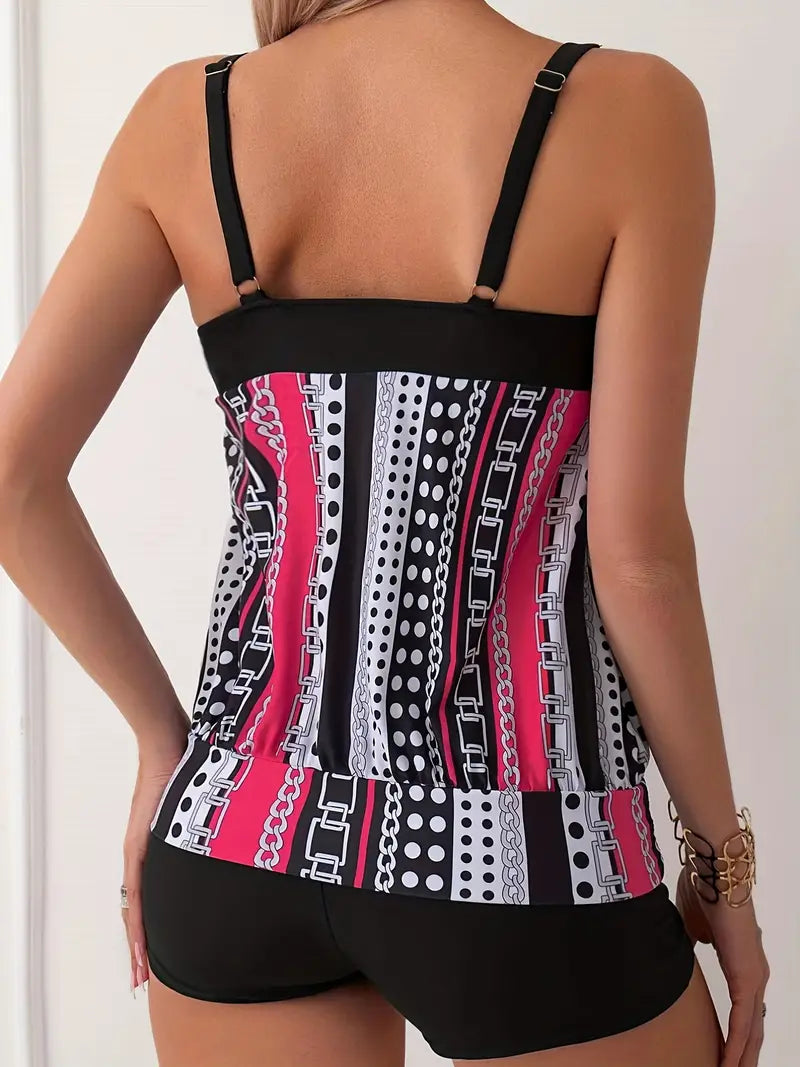 Striped and Polka Dot Ivy Tankini with High Elasticity
