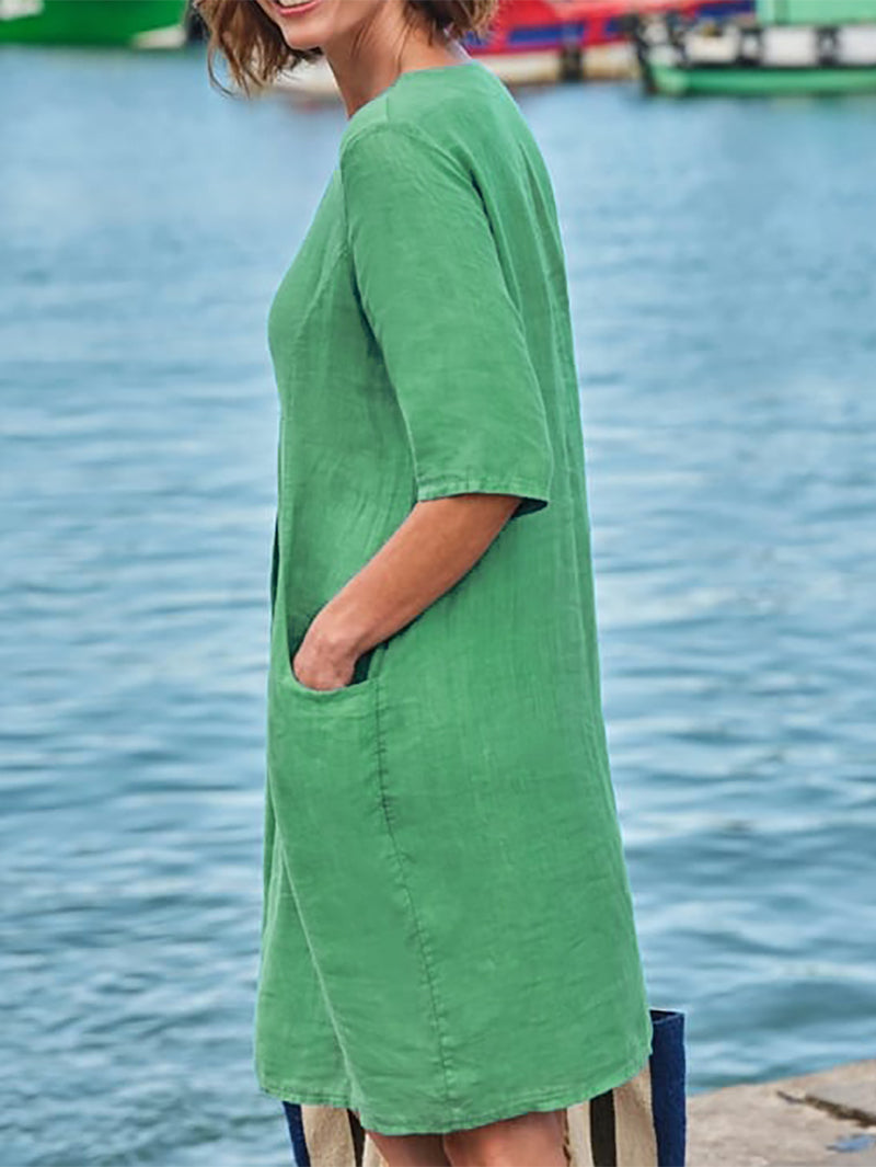 Emerald Loose Cotton Dress with Pocket for Everyday Comfort