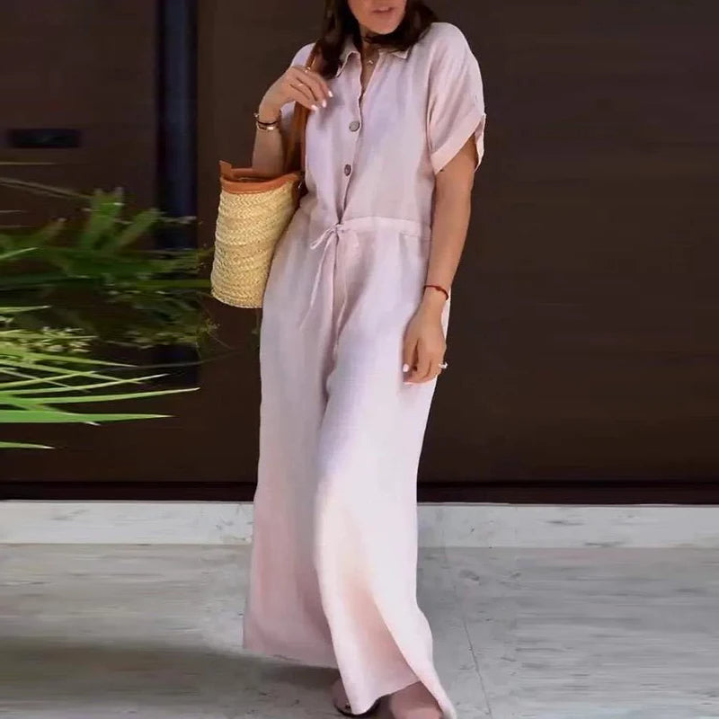 Pink Linen Jumpsuit with Adjustable Straps and Relaxed Fit
