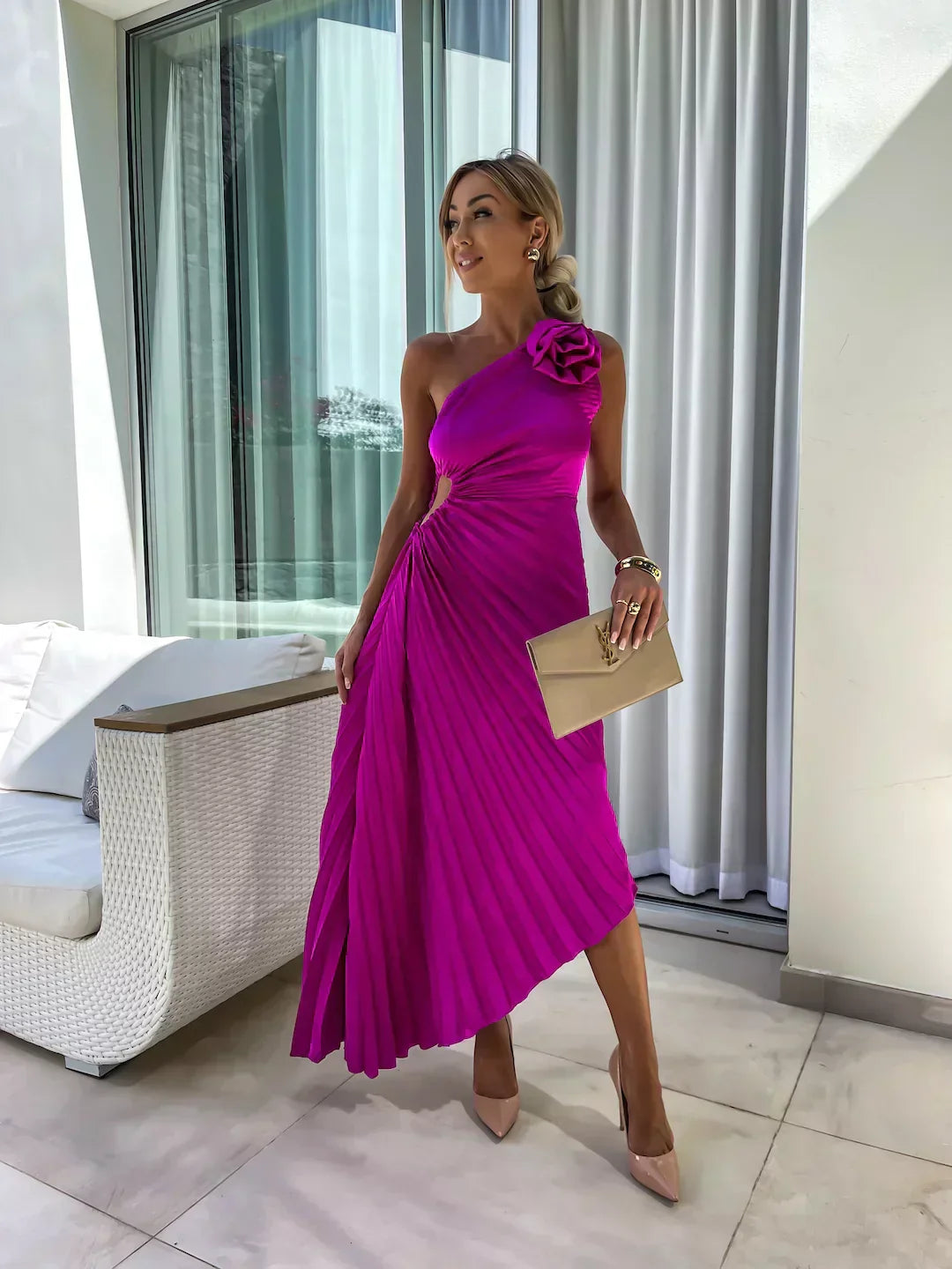 Elegant Pleated Shoulder Dress for Women