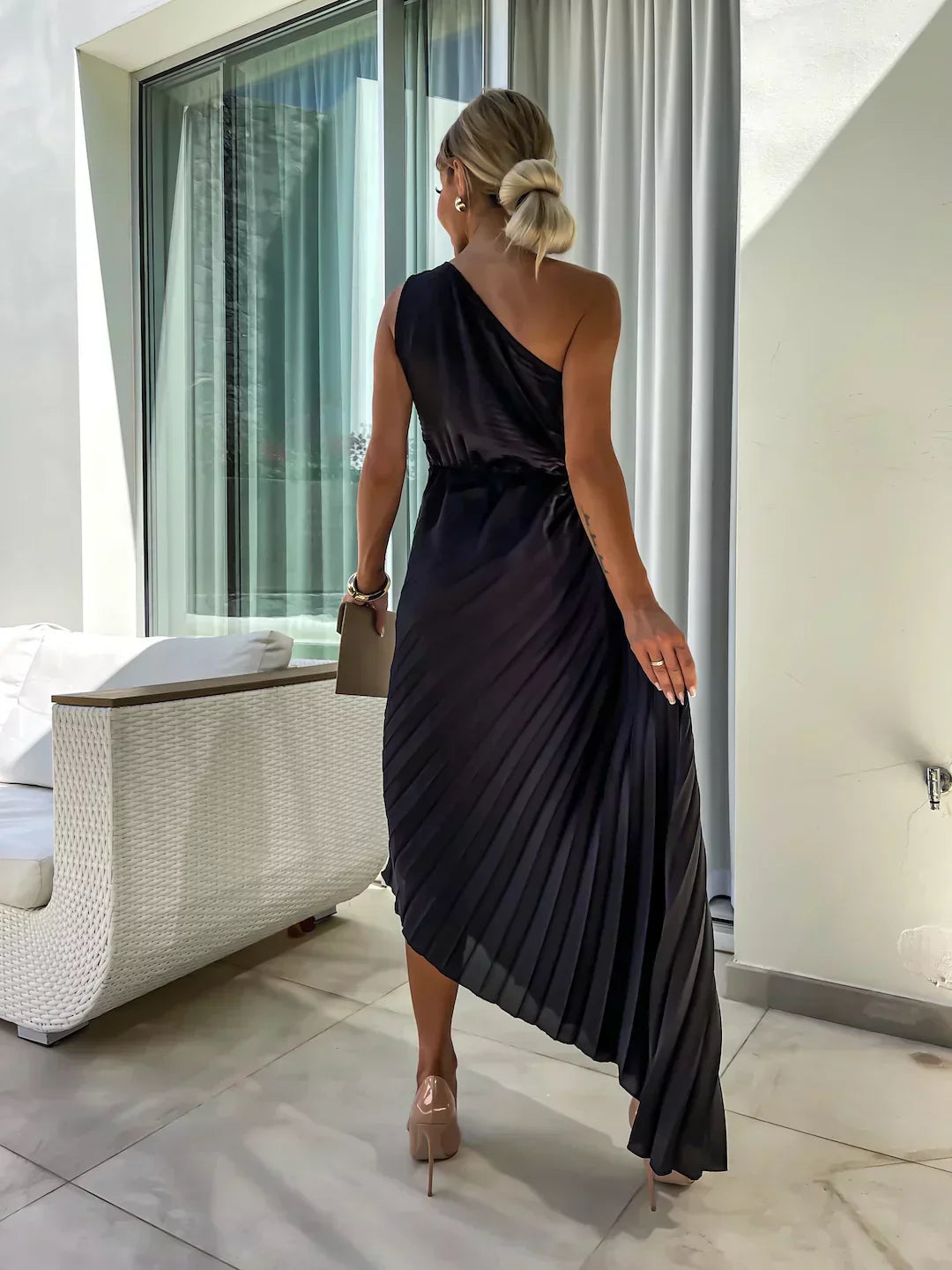 Elegant Pleated Shoulder Dress for Women