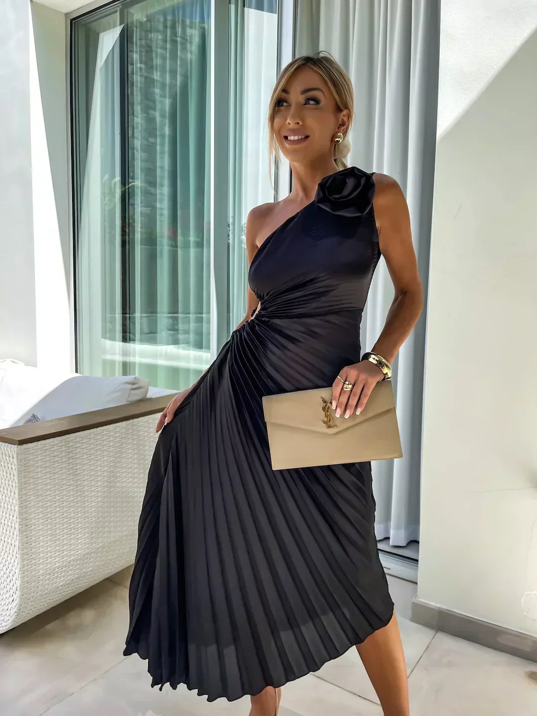 Elegant Pleated Shoulder Dress for Women