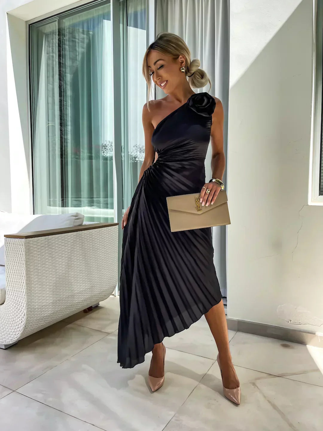 Elegant Pleated Shoulder Dress for Women