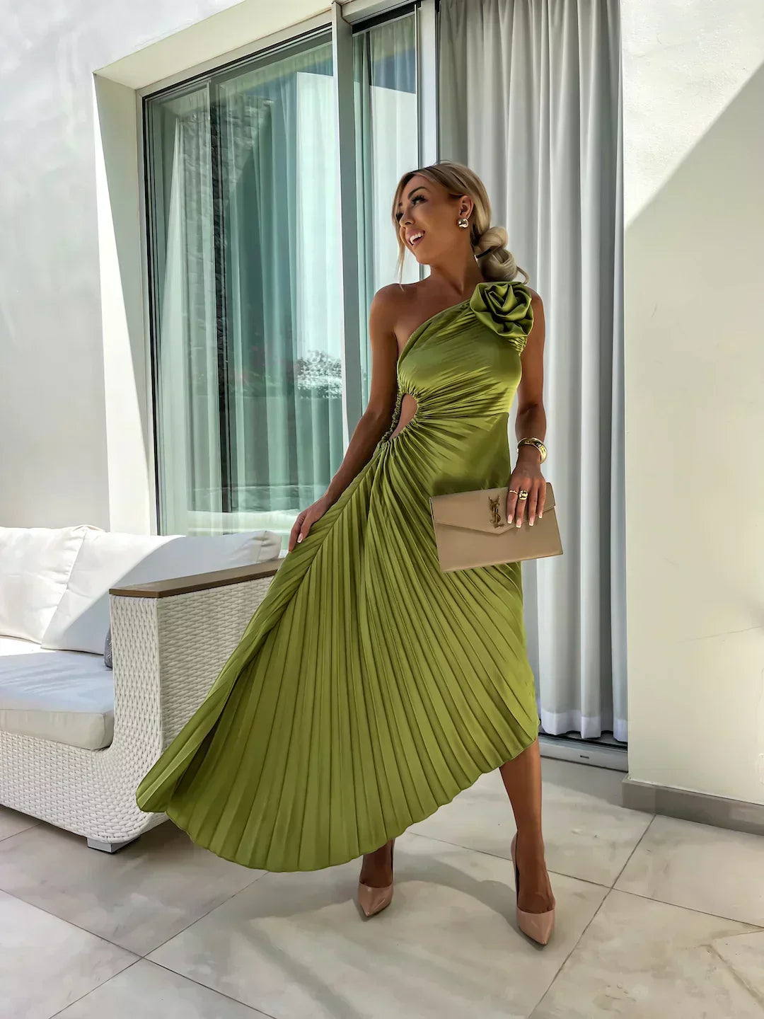 Elegant Pleated Shoulder Dress for Women