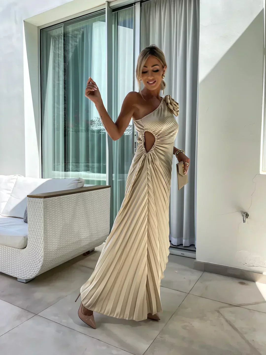 Elegant Pleated Shoulder Dress for Women