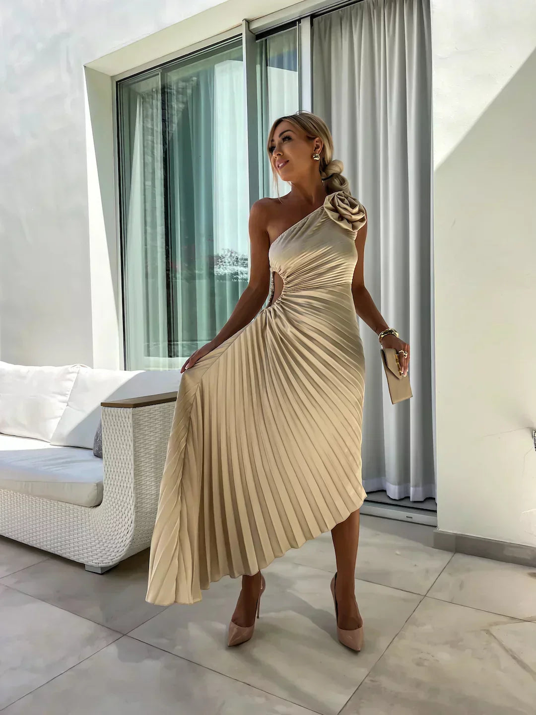 Elegant Pleated Shoulder Dress for Women