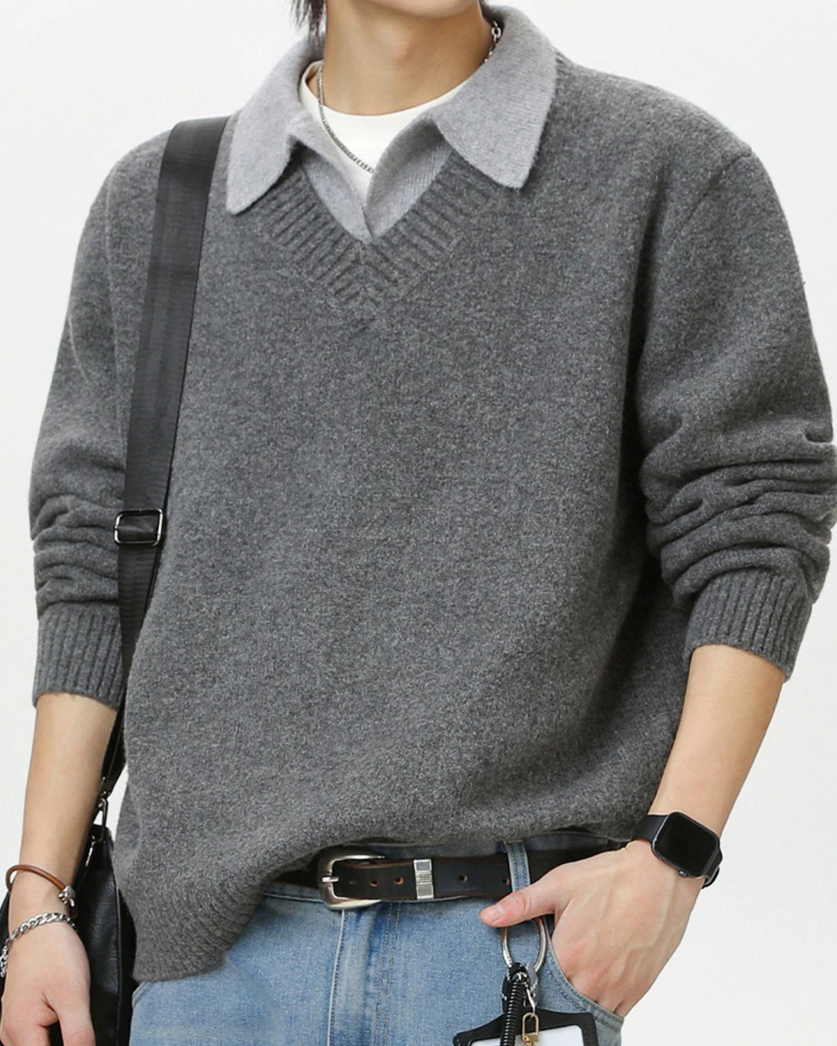 Men’s Wool-Blend Collar V-Neck Knit Sweater