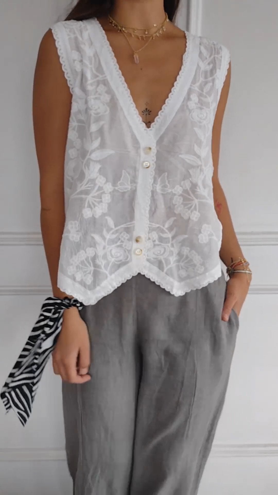 Embroidered Tulle V-Neck Top with Button Details