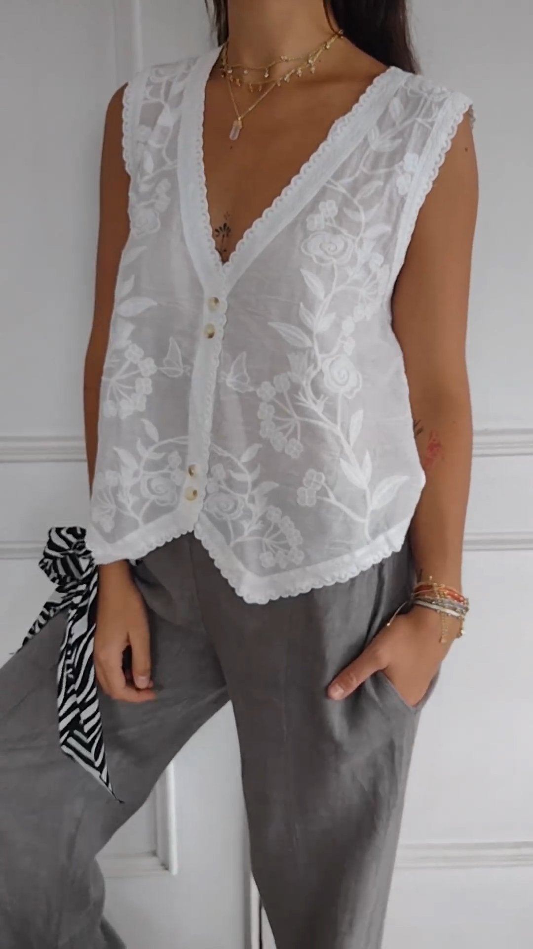 Embroidered Tulle V-Neck Top with Button Details
