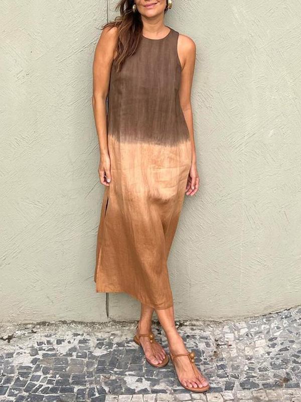 Sleeveless Cotton-Linen Dress with Slit and Tie-Dye Gradient