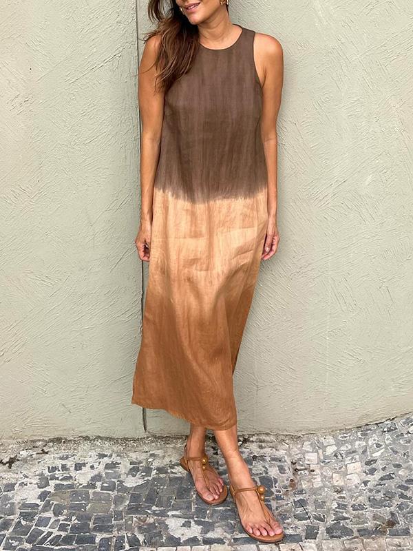 Sleeveless Cotton-Linen Dress with Slit and Tie-Dye Gradient