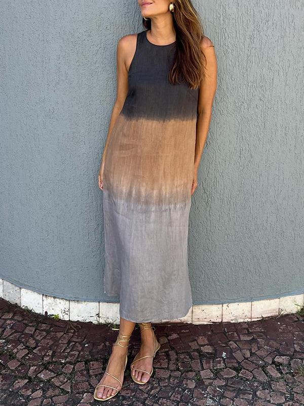 Sleeveless Cotton-Linen Dress with Slit and Tie-Dye Gradient