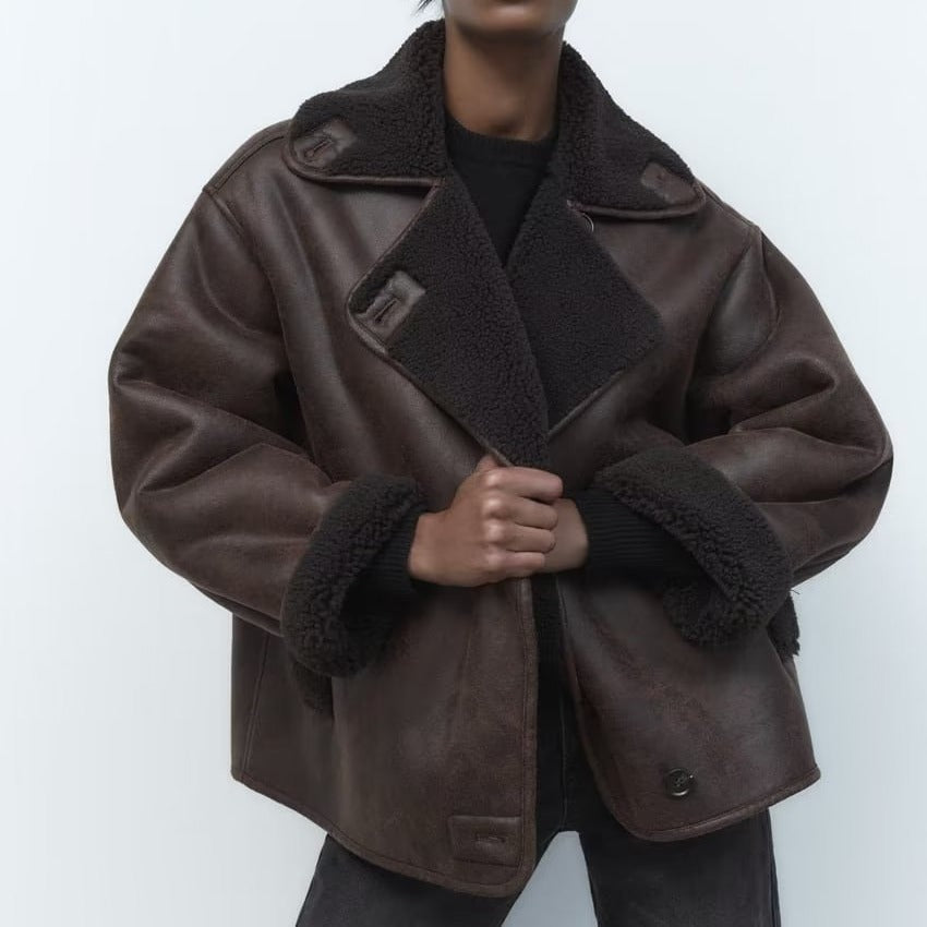Synthetic Shearling and Leather Outerwear Coat for Warmth and Style