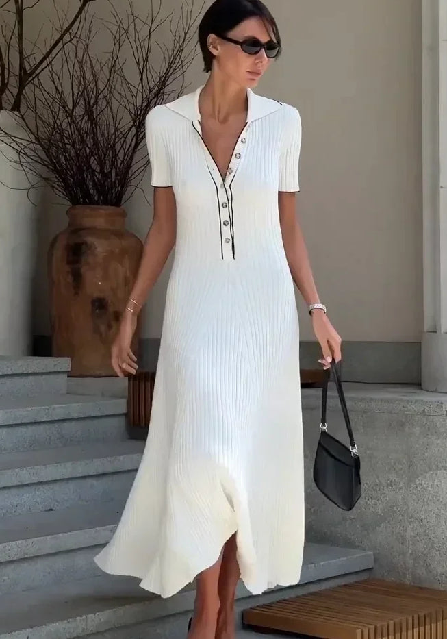 V-Neck Mesh Dress with Button Details