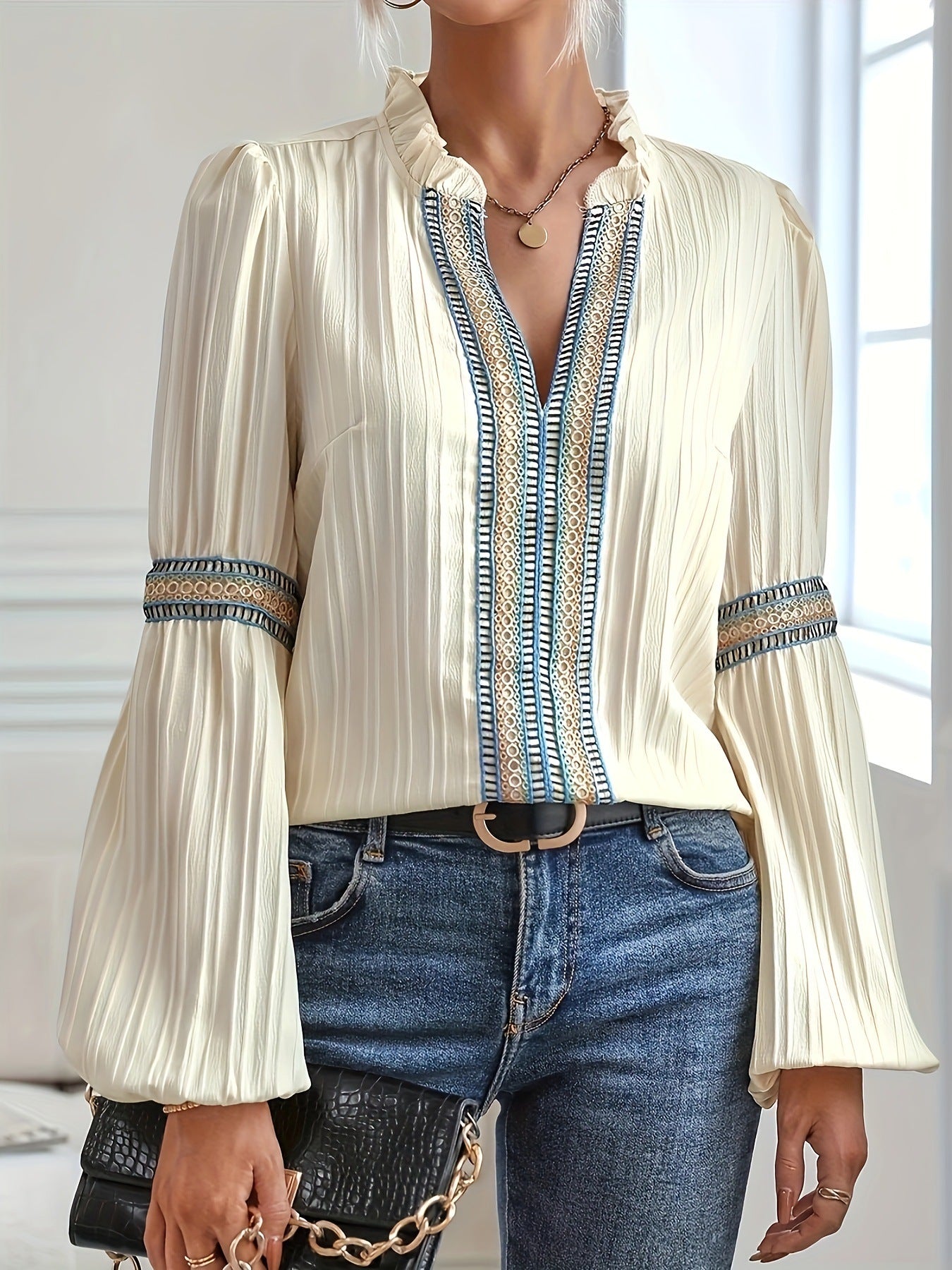 Bohemian Long Sleeve Blouse with Tribal Embroidery Details