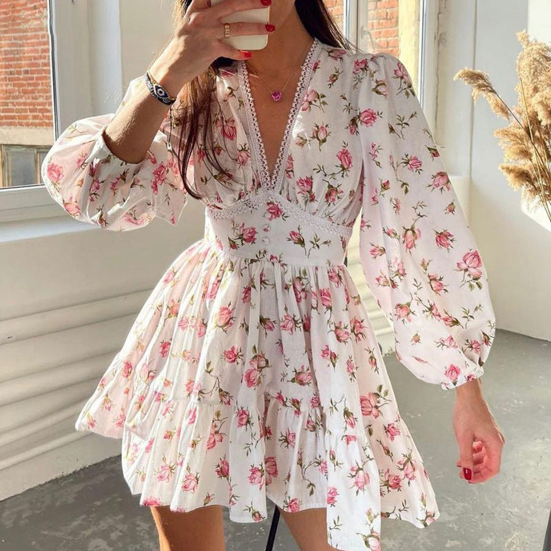Floral V-Neck Short Dress for Stylish Summer Wear