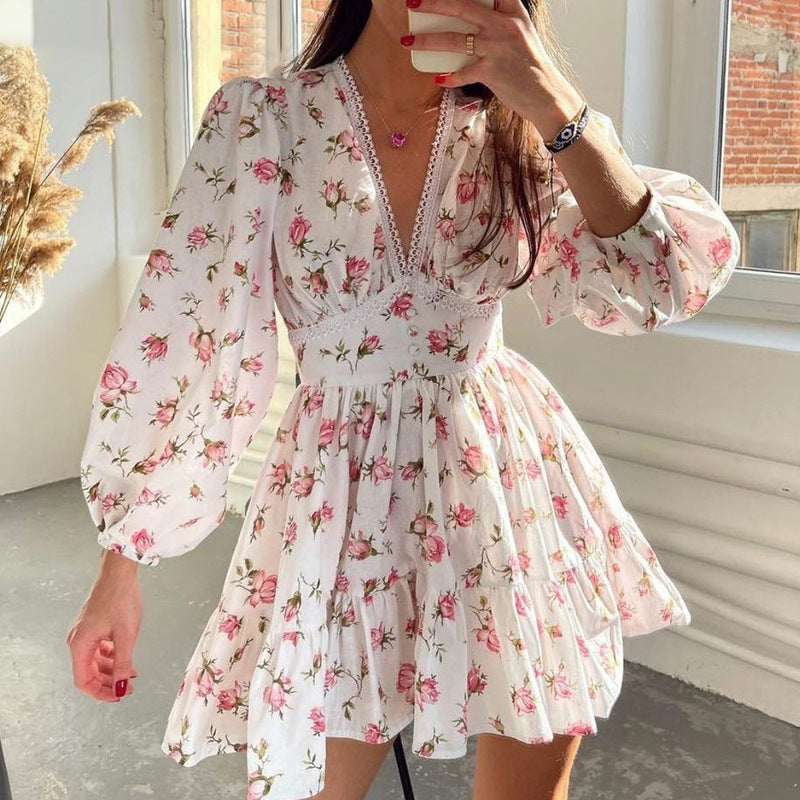 Floral V-Neck Short Dress for Stylish Summer Wear