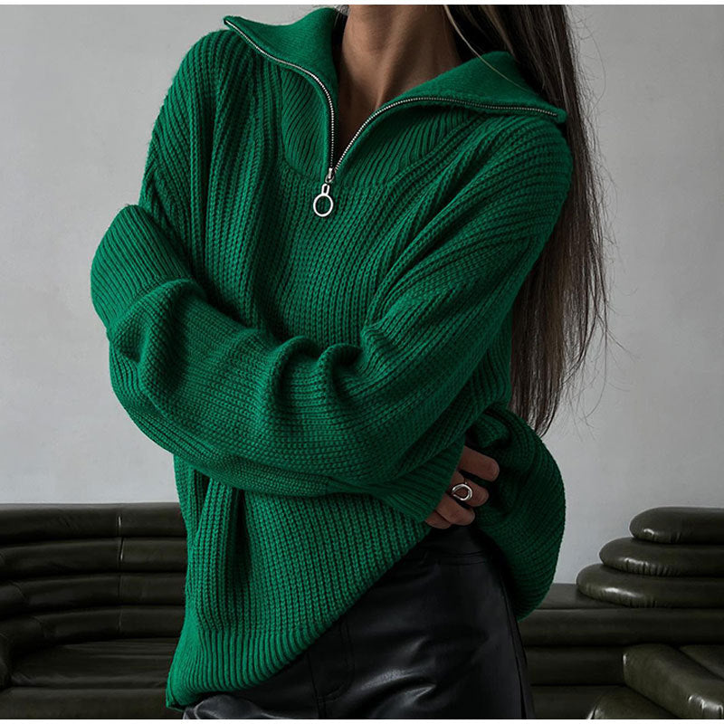 High Neck Zip Knit Sweater for Women