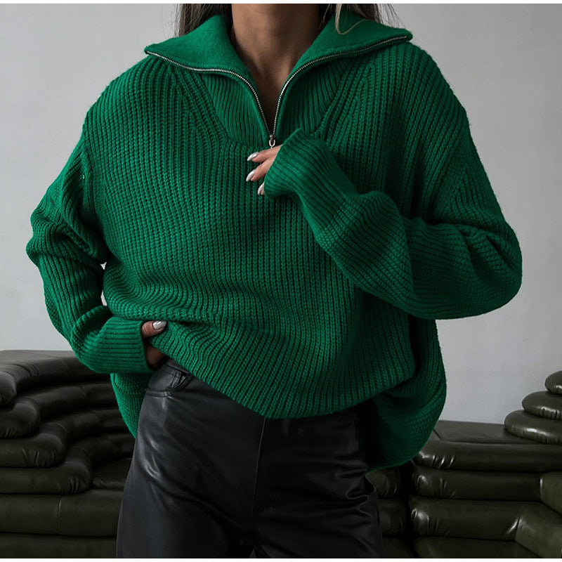 High Neck Zip Knit Sweater for Women