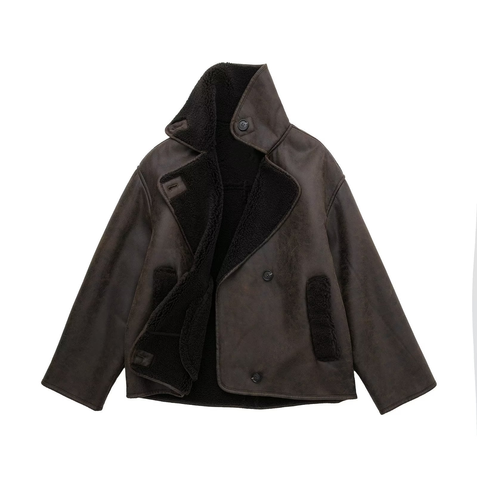 Synthetic Shearling and Leather Outerwear Coat for Warmth and Style