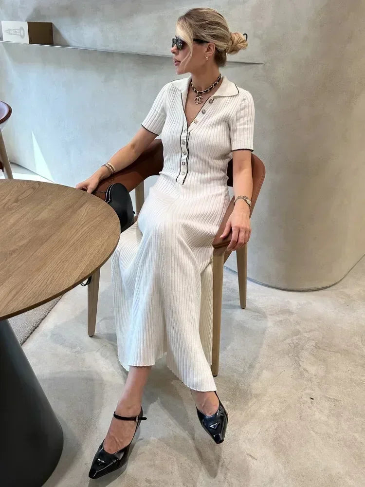 V-Neck Mesh Dress with Button Details