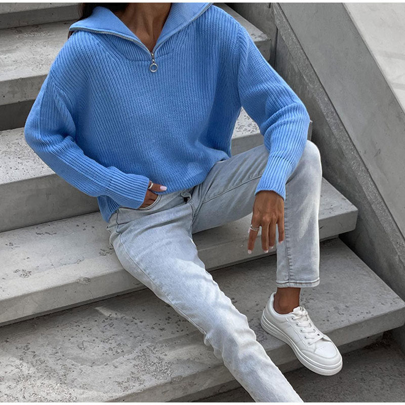 High Neck Zip Knit Sweater for Women