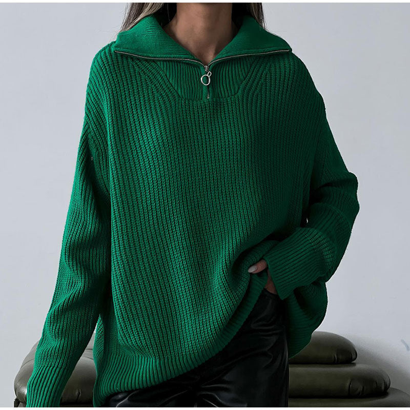 High Neck Zip Knit Sweater for Women