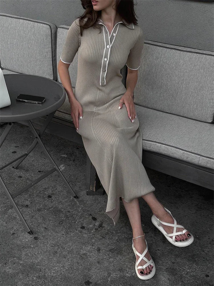 V-Neck Mesh Dress with Button Details