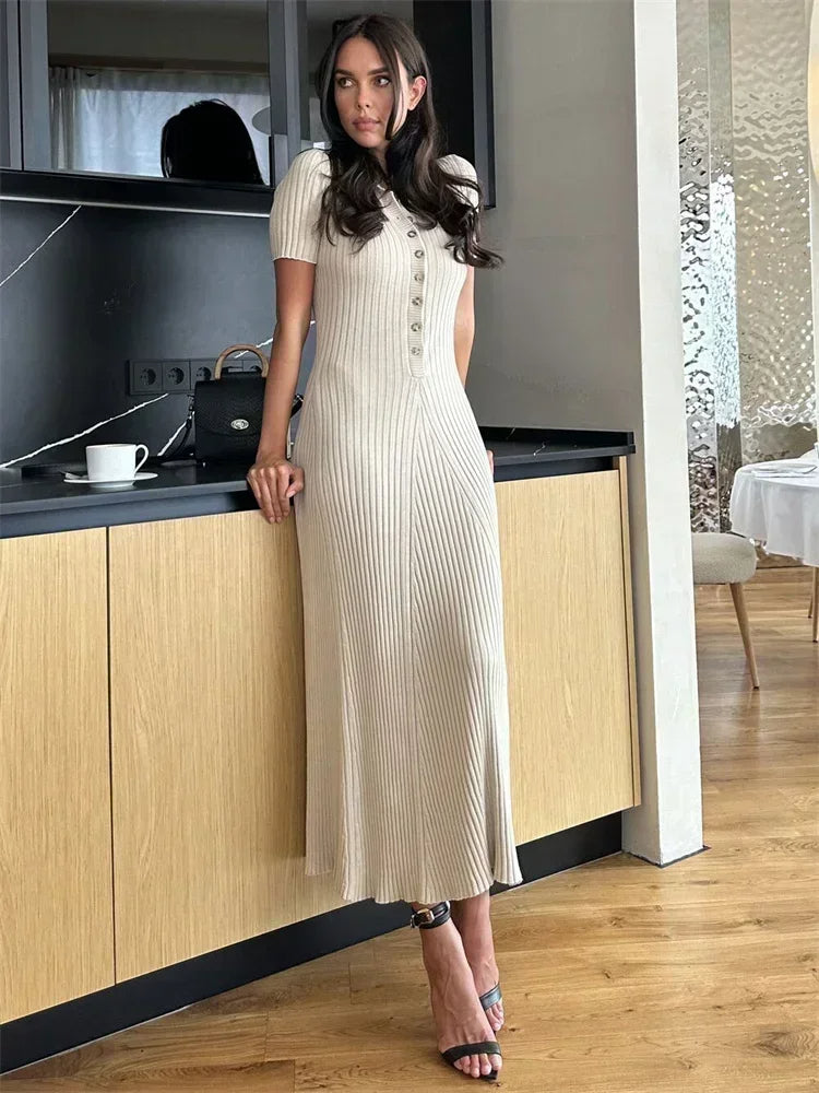 V-Neck Mesh Dress with Button Details