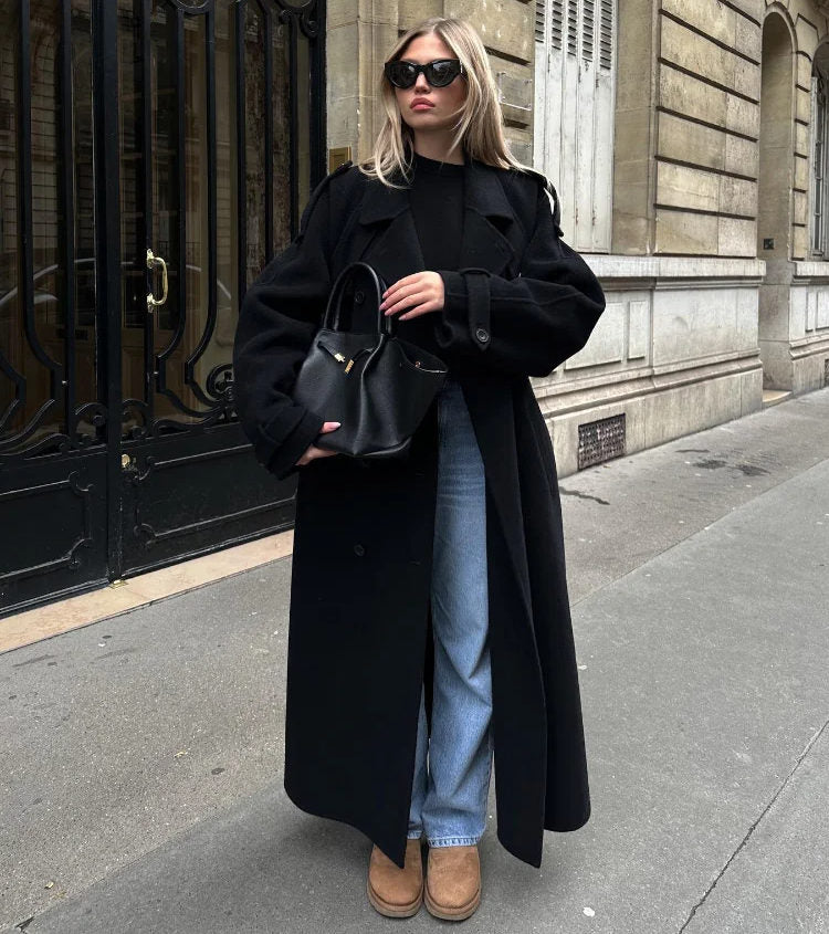 Women's Oversized Wool-Blend Black Coat for Winter