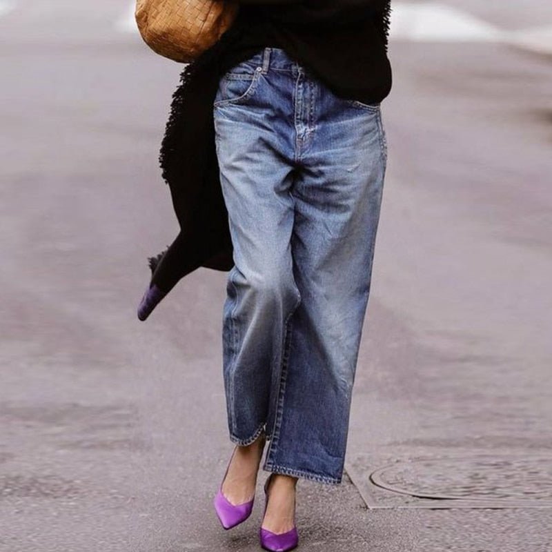 Women's Two-Tone Mid-Rise Wide-Leg Boyfriend Jeans