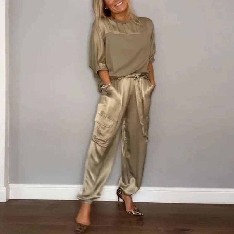 Satin Top and Cargo Trousers Set - Stylish and Comfortable Outfit
