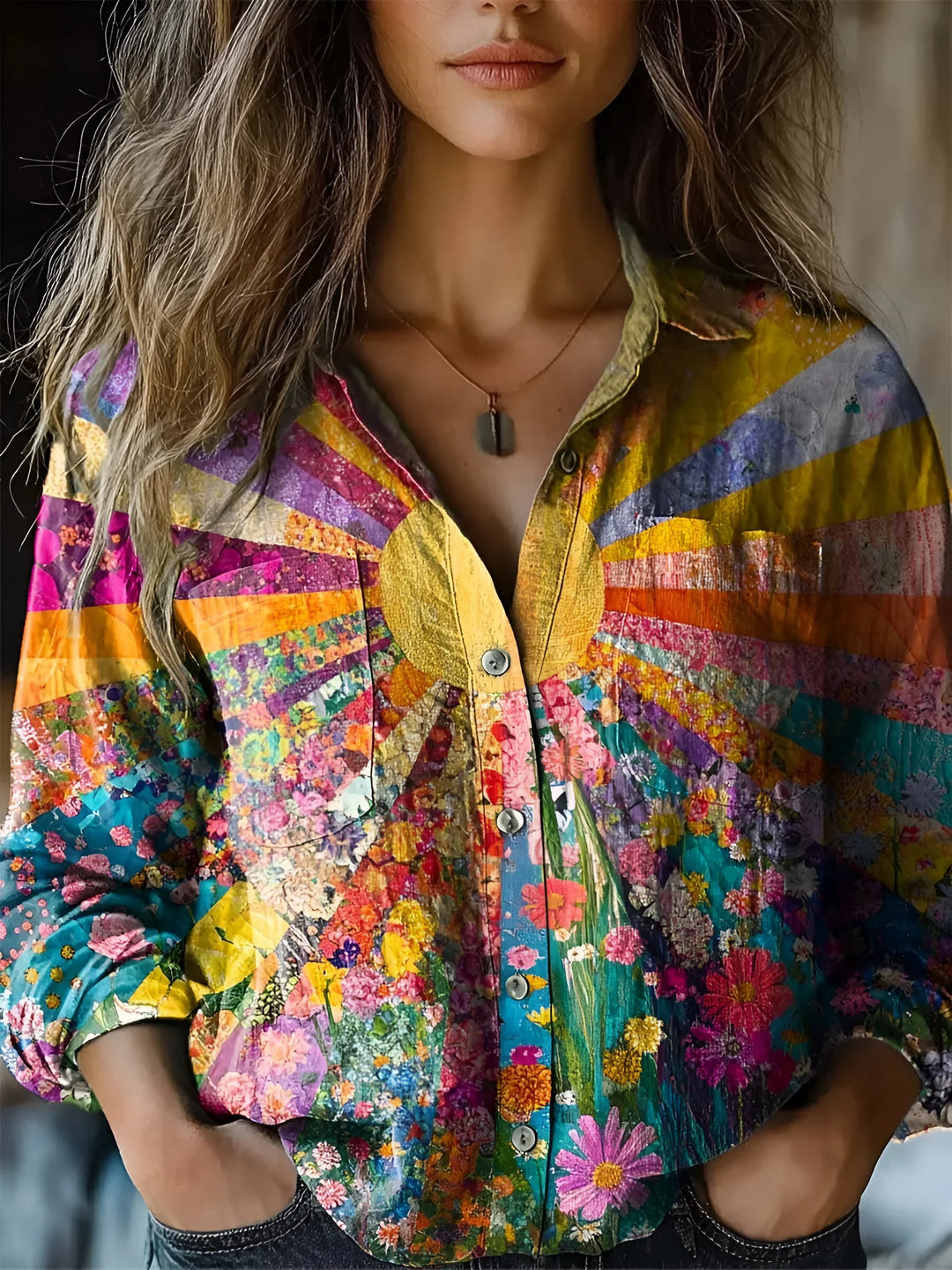 Sunburst Floral Print Button-Up Blouse for Women