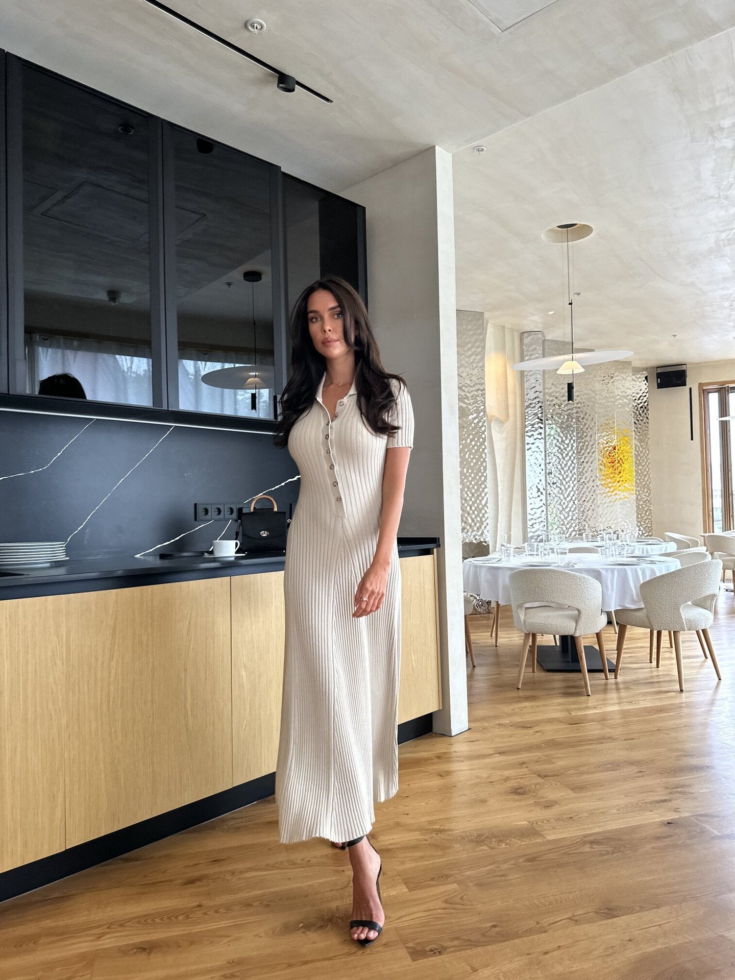 V-Neck Mesh Dress with Button Details