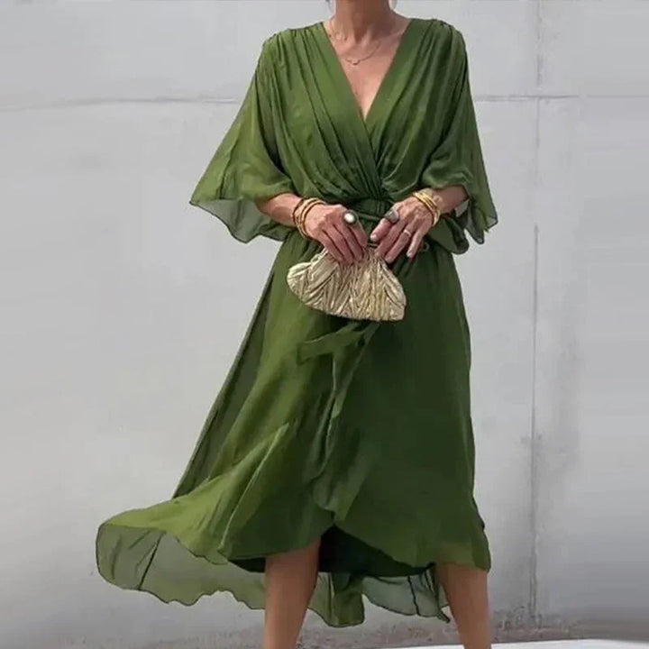 V-Neck Midi Dress with Loose Sleeves for Effortless Style