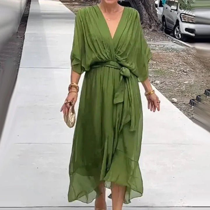 V-Neck Midi Dress with Loose Sleeves for Effortless Style