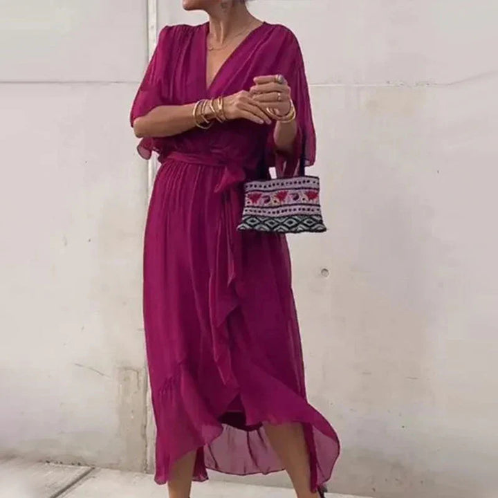 V-Neck Midi Dress with Loose Sleeves for Effortless Style