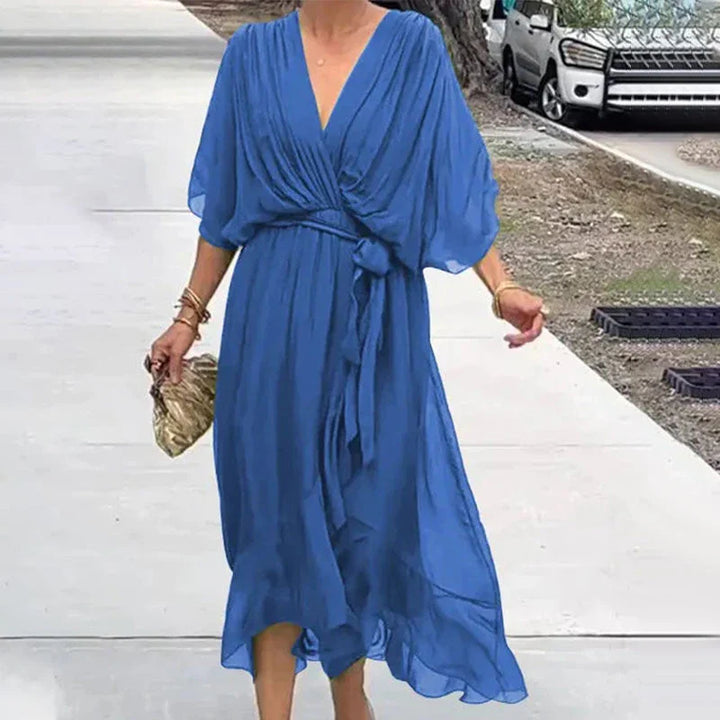 V-Neck Midi Dress with Loose Sleeves for Effortless Style