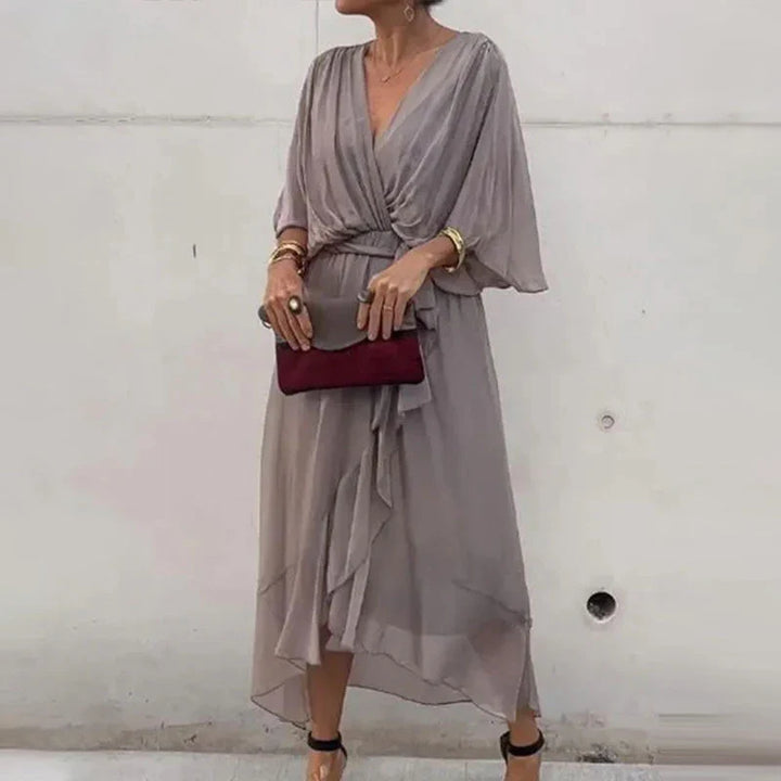 V-Neck Midi Dress with Loose Sleeves for Effortless Style