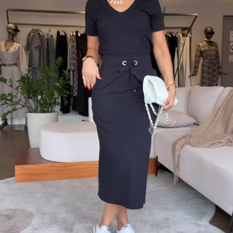 Casual T-Shirt and Midi Skirt Set with Split - Stylish and Comfortable
