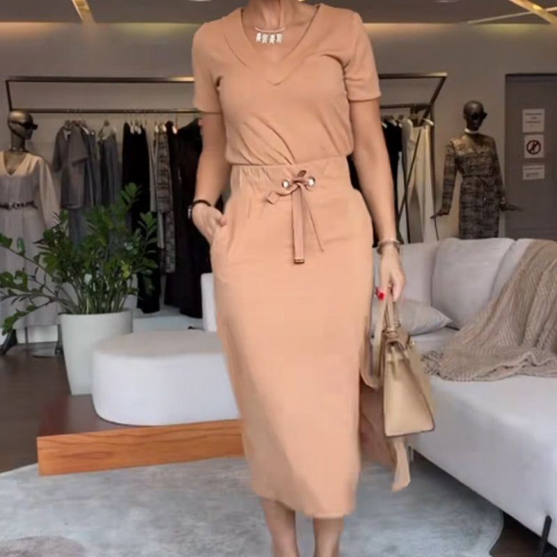 Casual T-Shirt and Midi Skirt Set with Split - Stylish and Comfortable