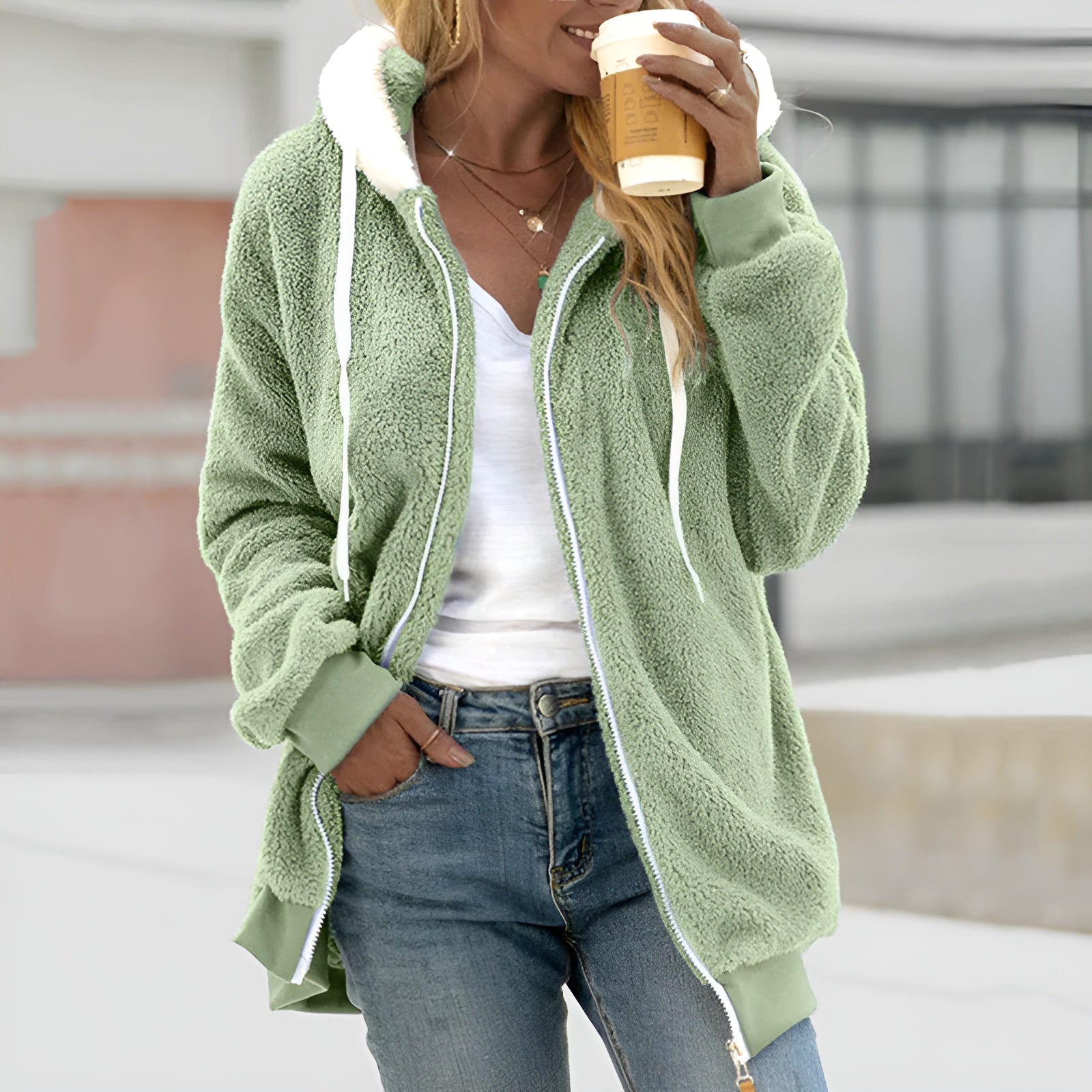 Women's Oversized Sherpa Fleece Zip-Up Hoodie