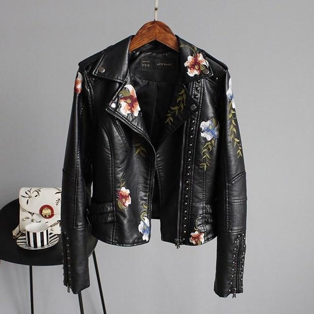 Faux Leather Jacket with Floral Embroidery – Statement Elegance